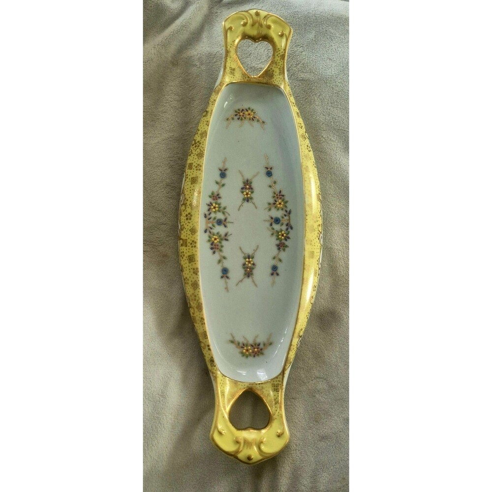 Antique Hand-Painted Porcelain Celerv Dish with Beaded Moriage & Gold Gilt